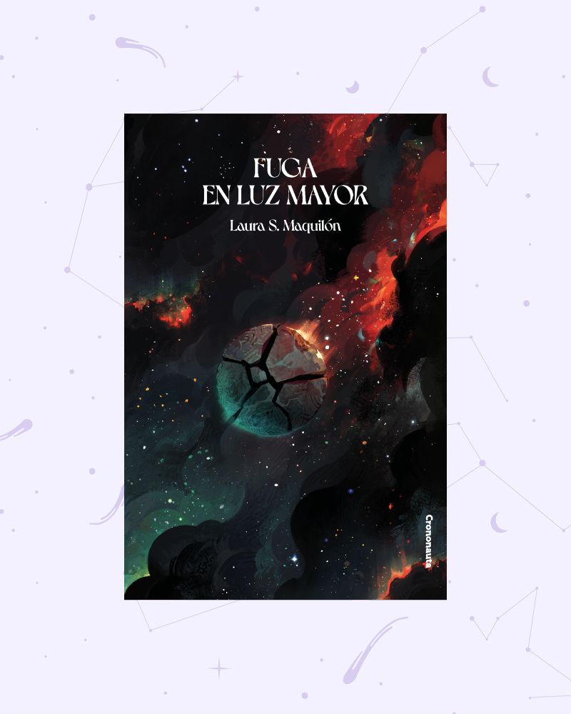 En la zona superior, está el título de la novela y el nombre de la autora; y, en la zona inferior, un planeta con grandes grietas, que resquebrajan su superficie. Es de color gris oscuro, pero la luz del universo lo ilumina con tonos rojos y verdes.
Tras el planeta, hay un universo oscuro y estrellado que transmite inmensidad. Está formado por líneas curvas y sinuosas, de color rojo y verde, que recuerdan al humo y al fuego. Las estrellas son puntos pequeños de distintos colores (amarillo, azul, blanco).