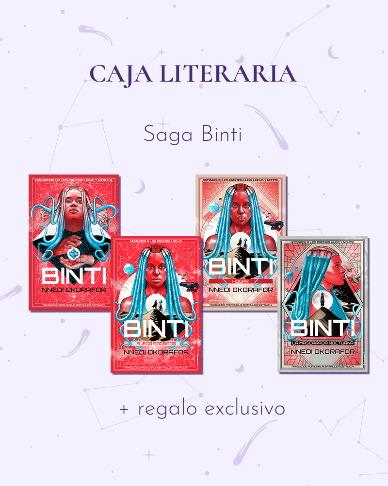 Caja literaria. Saga Binti + regalo exclusivo. La imagen tiene un fondo lila con estrellas fugaces y constelaciones y las cuatro cubiertas de Binti: Binti, Fuego Sagrado, Hogar y La Mascarada Nocturna.