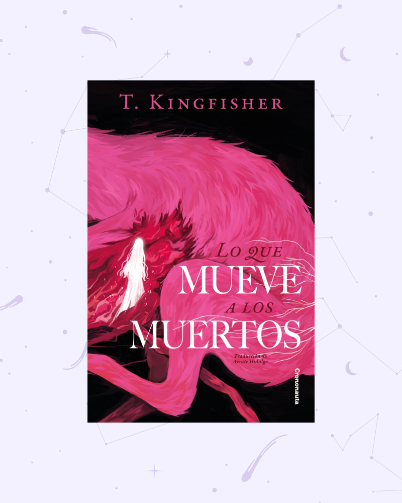 Sobre fondo negro y liso, hay una liebre enorme de color rosa chillón. No se ve su cabeza. Está tumbada y tiene un agujero en el vientre del que le salen tripas de un rosa más claro, que se cortan en el lomo del libro.
Frente al agujero de las tripas, que parece una puerta, hay una mujer con melena larga. Es muy pequeña, de color blanco y muy brillante. De la liebre también se extienden micelios de hongos que abrazan el título.