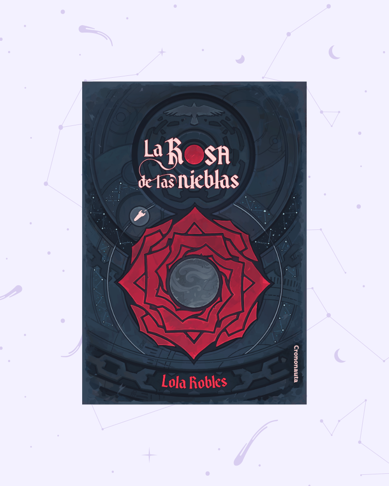 Sobre un fondo azul oscuro con estrellas y cadenas destaca una gran rosa roja que envuelve un elemento circular, con espirales que imitan la atmósfera de un planeta. Orbitando alrededor de la rosa hay una nave y, en la parte superior, un pájaro rompiendo una cadena que forma un círculo. En el centro del círculo hay otro rojo, que forma la O del título: la rosa de las nieblas.