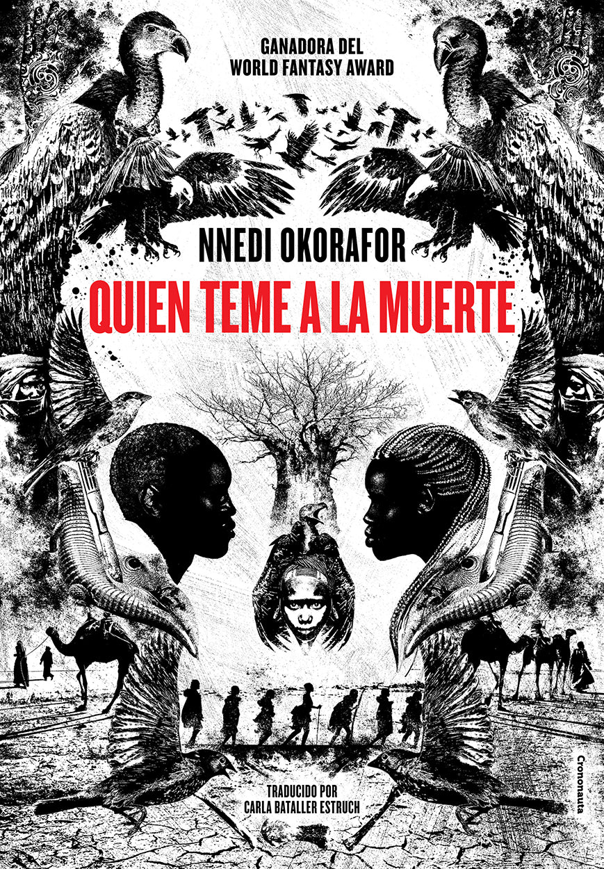 La imagen de la cubierta es en blanco y negro y está compuesta por distintos elementos: pájaros, lagartos, personas, camellos... Todo forma una gran calavera que solo se ve de lejos. En el centro aparece el título en rojo y el nombre de la autora en negro.