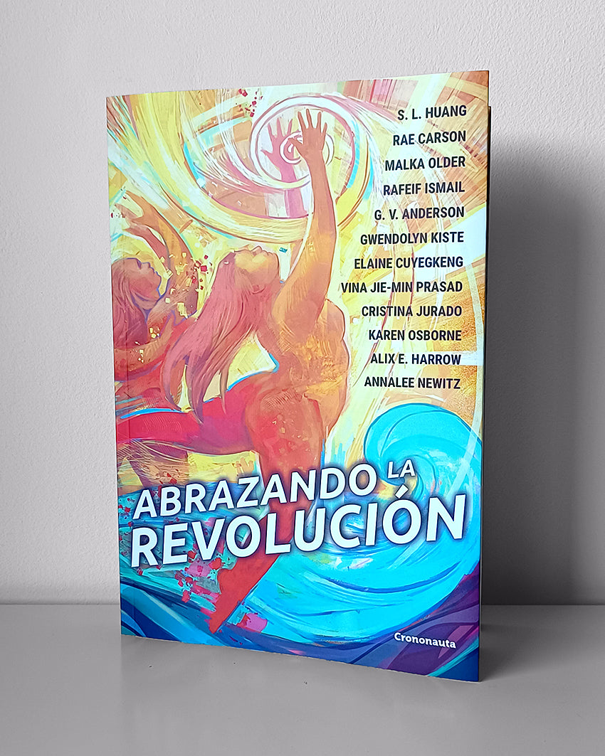 La figura central es una mujer que alza los brazos hacia arriba y echa la cabeza hacia el cielo. Está en pleno salto, con una pierna estirada hacia atrás y la otra de puntillas. Entre los brazos extendidos aparece un remolino de luz. La mujer no lleva ropa y su cuerpo se compone de tonos cálidos. El fondo es amarillo y la parte inferior es una ola azul. El título aparece en la parte de abajo y, en el lateral derecho, aparecen nombrades todes les autores que componen la antología.