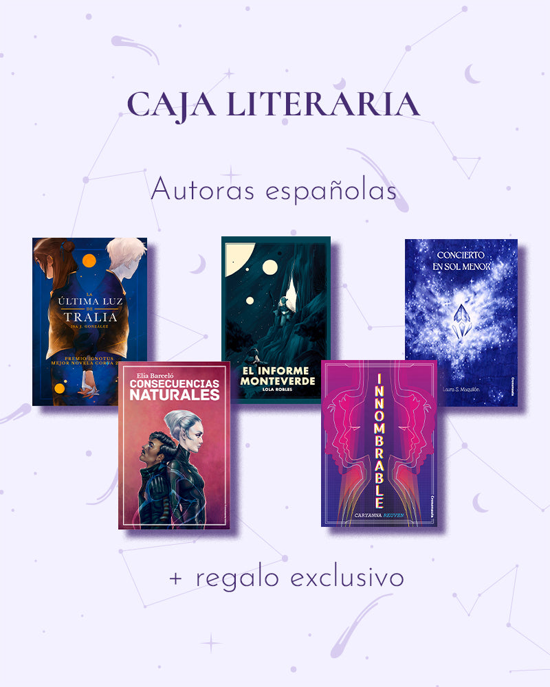 Caja literaria autoras españolas + regalo exclusivo. Incluye La última luz de Tralia, El informe Monteverde, Concierto en sol menor, Consecuencias Naturales e innombrable.