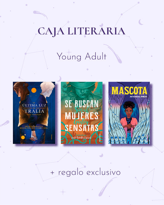 Caja literaria Young Adult + regalo exclusivo. Incluye La última luz de Tralia, de Isa J. González, Se buscan mujeres sensatas, de Sarah Gailey y Mascota, de Akwaeke Emezi.