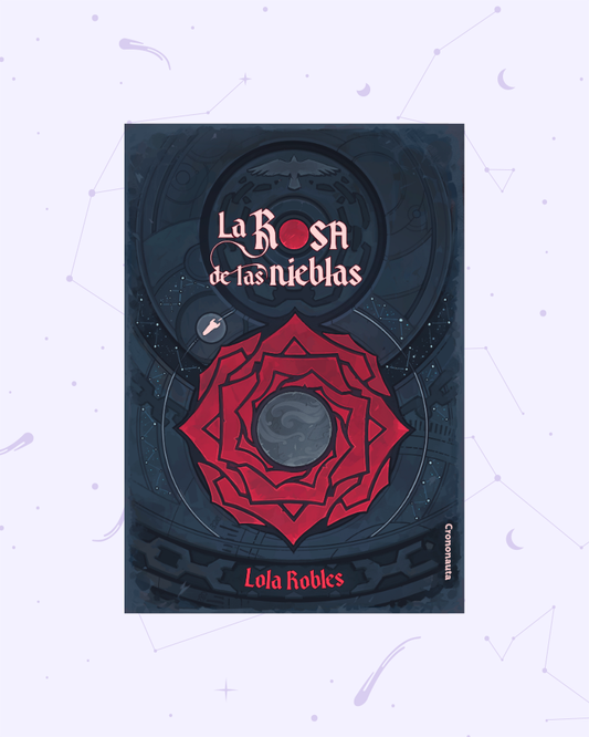 Sobre un fondo azul oscuro con estrellas y cadenas destaca una gran rosa roja que envuelve un elemento circular, con espirales que imitan la atmósfera de un planeta. Orbitando alrededor de la rosa hay una nave y, en la parte superior, un pájaro rompiendo una cadena que forma un círculo. En el centro del círculo hay otro rojo, que forma la O del título: la rosa de las nieblas.