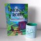 Fotografía del libro de Monje y robot, de Becky Chambers, acompañado por la taza "vive el hopepunk"