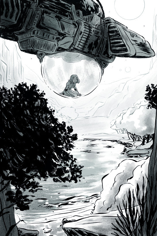 Una chica observa el paisaje casi virgen al que se aproxima: una gran superficie de agua y un bosque. La chica está metida en una gran burbuja transparente en la parte inferior de una nave espacial.